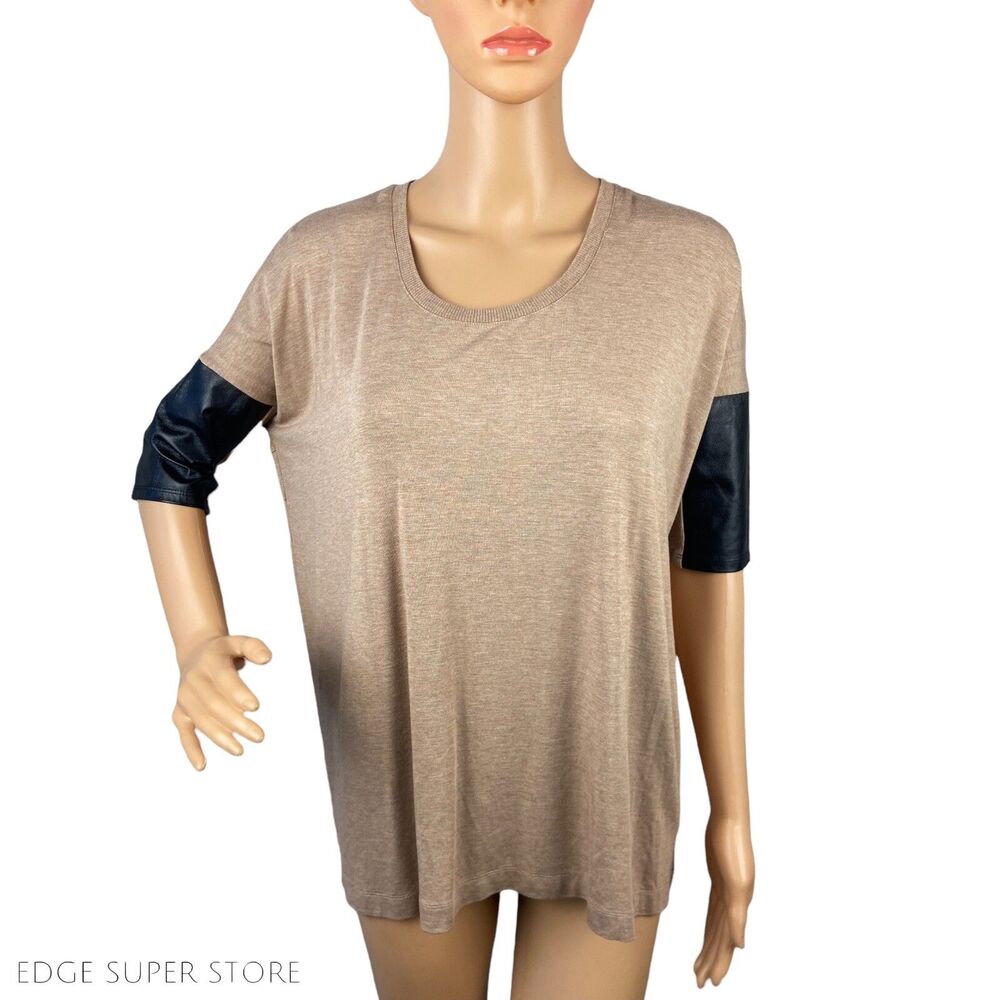 Club Monaco Beige Brown Black Leather Sleeve Detail Blouse Top Shirt Size Small